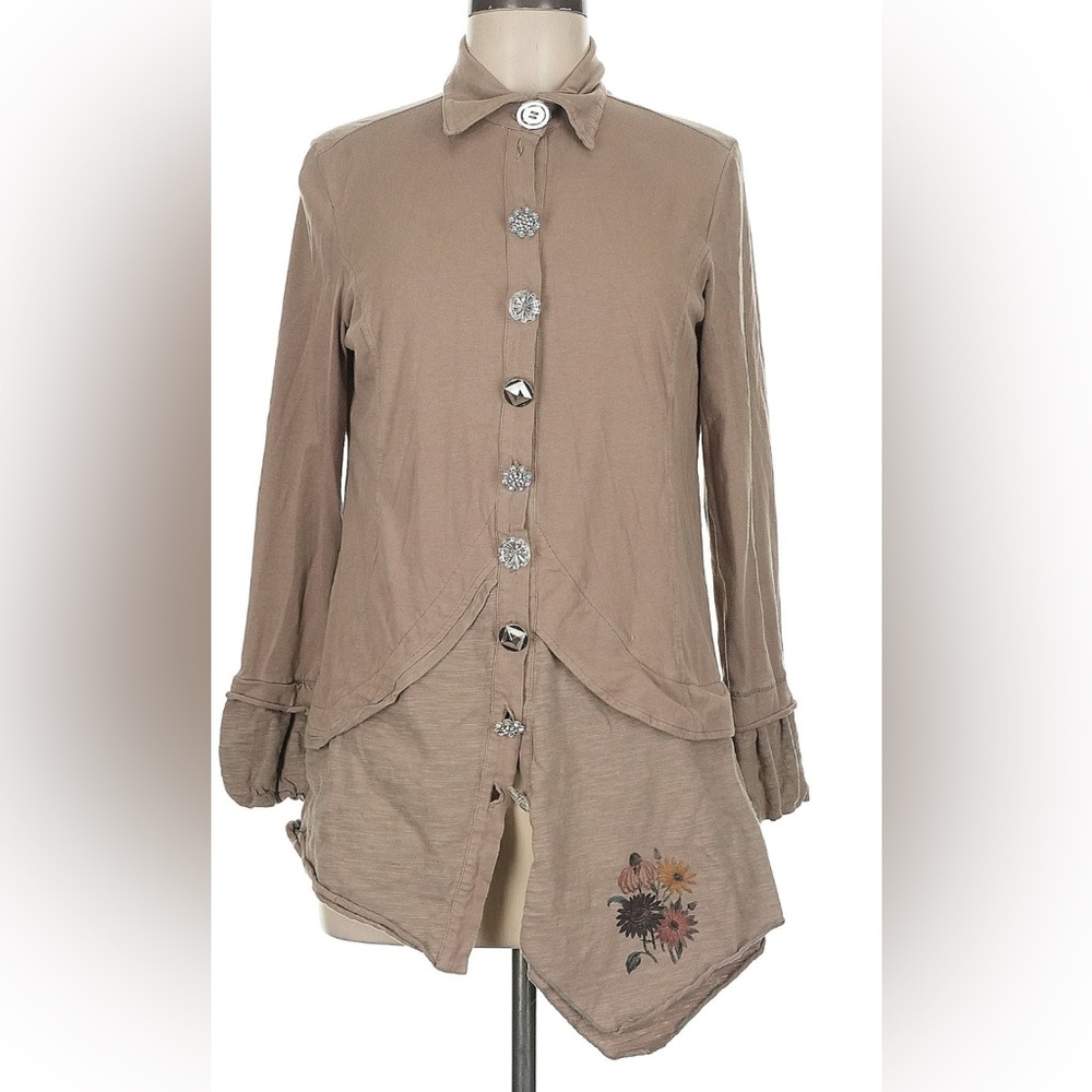 Byrkit Inc Boho Artsy Tan Cardigan Sweater Button Front Beige Flowers Floral SzM